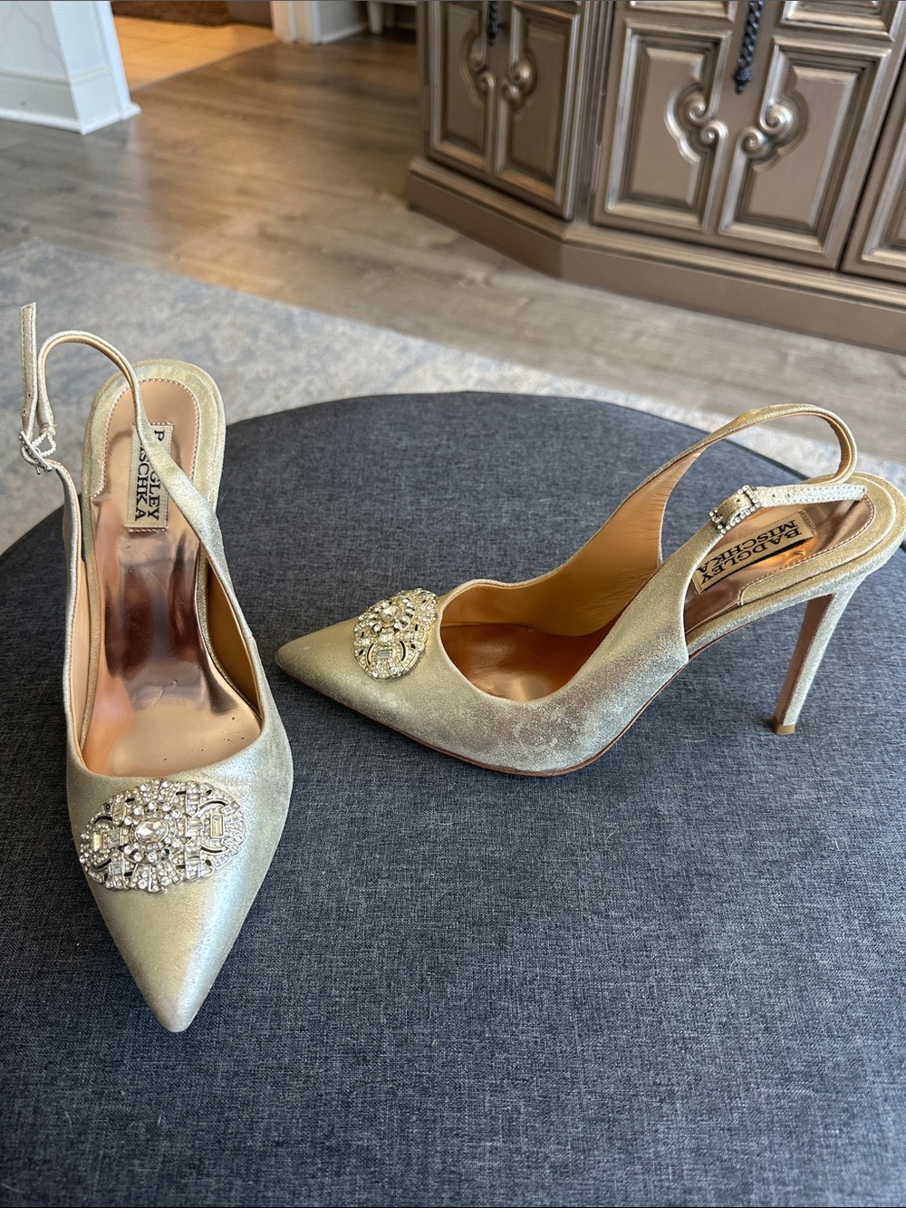 Badgley Mischka Metallic Gold Crystal-Embellished Slingback Pumps